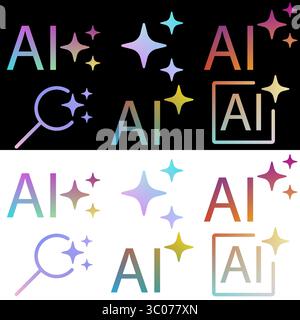 Un set di icone colorate che rappresenta l'IA con scintille su sfondi in bianco e nero, ideale per l'interfaccia utente tecnica, il branding o design futuristici. perfetto per intelligenza artificiale, automazione, innovazione e concetti di tecnologia intelligente. Illustrazione Vettoriale