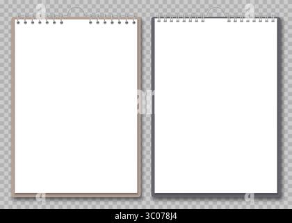 Illustrazione realistica di fogli bianchi puliti per appunti con anelli di metallo e ombre. Ideale per i mockup o le presentazioni di design. Mockup notebook vuoto. Pagina a spirale vuota. Foglio di blocco note realistico. Carta con piegatura a spirale. Sfondo bianco del notebook. Illustrazione Vettoriale