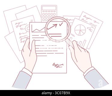 Esegue l'analisi di documenti finanziari e grafici per ottenere informazioni accurate attraverso un'analisi approfondita dei dati Illustrazione Vettoriale