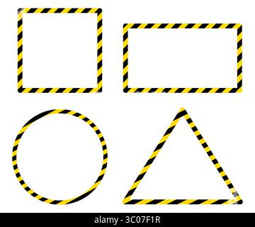 Raccolta di telai di nastro di avvertenza isolati in forme triangolari, circolari, quadrate e rettangolari. Un set di forme geometriche con bordo del nastro segnaletico giallo e nero a righe. Il design del nastro per la protezione dei rischi è delimitato da forme geometriche su sfondo bianco. Illustrazione Vettoriale