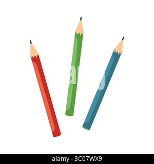Tre matite affilate di colore legno isolate su sfondo bianco, illustrazione vettoriale. Design piatto. Icona cartoni animati Illustrazione Vettoriale