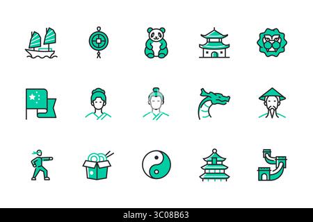 Viaggio in Cina - serie di icone di stile di design di linea Illustrazione Vettoriale