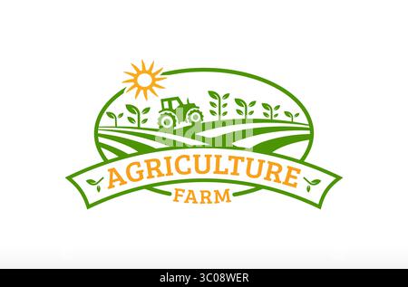 Logo agricolo agricolo terreno trattore e albero disegno logo disegno vettore icona simbolo silhouette illustrazione marchio azienda, Green food Farming Illustrazione Vettoriale