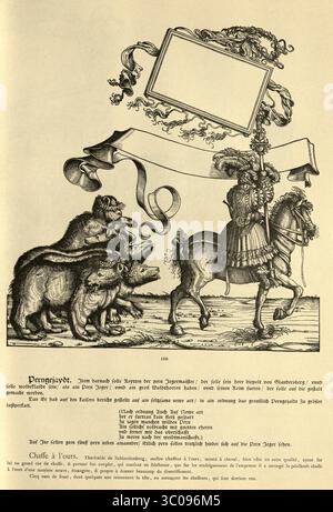 Arte rinascimentale, orsi con corona d'alloro, stendardo montato, equitazione, il Trionfo di Massimiliano i Sacro Romano Imperatore, XVI secolo, incisione tedesca in legno Foto Stock