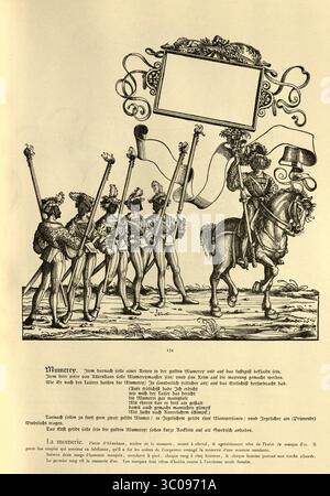 Arte rinascimentale, mummer spagnoli che indossano maschere e costumi, guidati da portabandiera a cavallo, sfilata, il trionfo di Massimiliano i Sacro Romano Imperatore, XVI secolo, incisione tedesca in legno Foto Stock