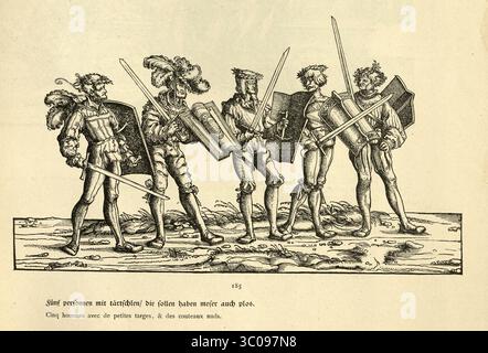 Storia militare, cinque soldati di fanteria armati di spade e scudi, arte rinascimentale, sfilata, il trionfo di Massimiliano i Sacro Romano Imperatore, XVI secolo, incisione tedesca in legno Foto Stock