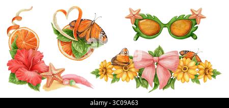 Set di design estivo di farfalla e elemento floreale. Frutta ad acquerello disegnata a mano e opere d'arte della vita dell'oceano per decorazioni a tema natalizio tropicale. Brillante Foto Stock