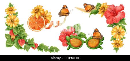 Set di design estivo di farfalla e fiore monarca. Frutta ad acquerello disegnata a mano e opere d'arte per occhiali da sole per decorazioni a tema tropicale. Brillante Foto Stock