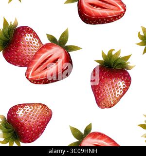 Motivo senza cuciture con fragole intere e tagliate a fette. Disegno ad acquerello in stile realistico. Isolato su sfondo bianco. Adatto per tessuto, packagi Foto Stock
