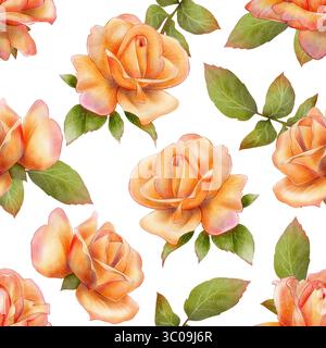 Motivo ricorrente con mazzi di rose arancioni e foglie verdi. Illustrazione botanica acquerello su sfondo bianco. Perfetto per i biglietti di compleanno, Foto Stock