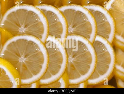 Strati arancioni impilati in righe. Arance dai colori vivaci in file Foto Stock