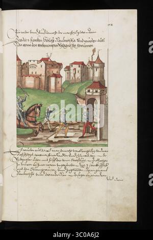 Una scena delle Guerre di Borgogna (1474-1477) una serie di conflitti nel tardo XV secolo tra il Ducato di Borgogna e la Vecchia Confederazione svizzera, insieme ai loro alleati. Illustrazione dal Silbereisen Chronicon Helvetiae, parte II, XVI secolo. Foto Stock