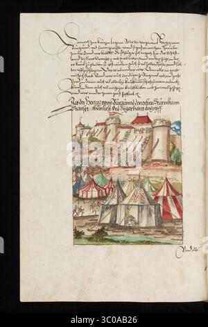 Una scena delle Guerre di Borgogna (1474-1477) una serie di conflitti nel tardo XV secolo tra il Ducato di Borgogna e la Vecchia Confederazione svizzera, insieme ai loro alleati. Illustrazione dal Silbereisen Chronicon Helvetiae, parte II, XVI secolo. Foto Stock