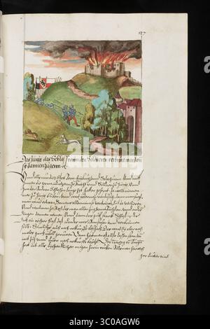 Una scena delle Guerre di Borgogna (1474-1477) una serie di conflitti nel tardo XV secolo tra il Ducato di Borgogna e la Vecchia Confederazione svizzera, insieme ai loro alleati. Illustrazione dal Silbereisen Chronicon Helvetiae, parte II, XVI secolo. Foto Stock