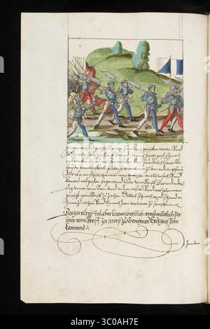 Una scena delle Guerre di Borgogna (1474-1477) una serie di conflitti nel tardo XV secolo tra il Ducato di Borgogna e la Vecchia Confederazione svizzera, insieme ai loro alleati. Illustrazione dal Silbereisen Chronicon Helvetiae, parte II, XVI secolo. Foto Stock