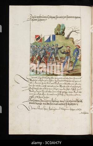 Una scena delle Guerre di Borgogna (1474-1477) una serie di conflitti nel tardo XV secolo tra il Ducato di Borgogna e la Vecchia Confederazione svizzera, insieme ai loro alleati. Illustrazione dal Silbereisen Chronicon Helvetiae, parte II, XVI secolo. Foto Stock