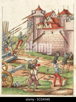 Una scena delle Guerre di Borgogna (1474-1477) una serie di conflitti nel tardo XV secolo tra il Ducato di Borgogna e la Vecchia Confederazione svizzera, insieme ai loro alleati. Illustrazione dal Silbereisen Chronicon Helvetiae, parte II, XVI secolo. Foto Stock