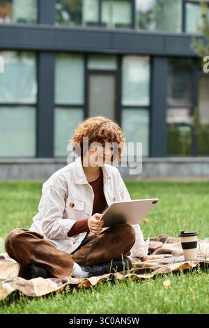Una donna dai capelli ricci lavora a distanza su un tablet mentre si rilassa su una coperta in un parco. Foto Stock