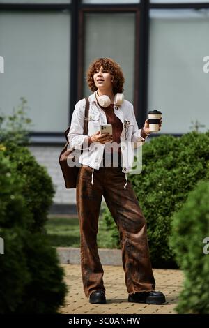Una giovane donna con un abbigliamento casual tiene il caffè mentre si trova vicino al suo ufficio, sorridendo. Foto Stock