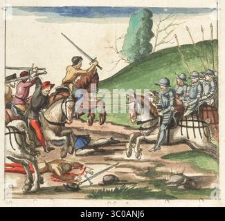 Una scena delle Guerre di Borgogna (1474-1477) una serie di conflitti nel tardo XV secolo tra il Ducato di Borgogna e la Vecchia Confederazione svizzera, insieme ai loro alleati. Illustrazione dal Silbereisen Chronicon Helvetiae, parte II, XVI secolo. Foto Stock