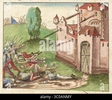 Una scena delle Guerre di Borgogna (1474-1477) una serie di conflitti nel tardo XV secolo tra il Ducato di Borgogna e la Vecchia Confederazione svizzera, insieme ai loro alleati. Illustrazione dal Silbereisen Chronicon Helvetiae, parte II, XVI secolo. Foto Stock