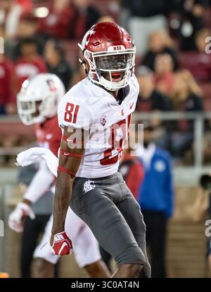 27 ottobre 2018: Il wide receiver dei Washington State Cougars Renard Bell (81) celebra il suo touchdown nel quarto periodo, durante una partita di football NCAA tra i Washington State Cougars e gli Stanford Cardinal allo Stanford Stadium di Stanford, California. Valerie Shoaps/CSM(immagine di credito: &Copy; Valerie Shoaps/CSM tramite cavo ZUMA) Foto Stock