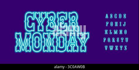 Alfabeto blu al neon, lettere vintage brillanti, carattere con contorno in grassetto per il banner Cyber Monday, insegna di vendita tecnologica, promozione digitale, titolo sconto, messicano Illustrazione Vettoriale