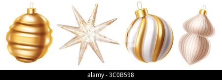 Elegante set Clipart per le palle di Natale. Eleganti decorazioni natalizie in bianco e oro isolano in sfondo bianco illustrazione vettoriale. Illustrazione Vettoriale