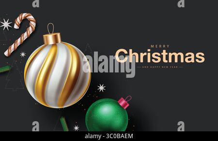 Elegante Clipart natalizio con ornamenti, Candy cane e buon testo di benvenuto natalizio su sfondo nero, perfetto per biglietti di auguri e biglietti di auguri Illustrazione Vettoriale