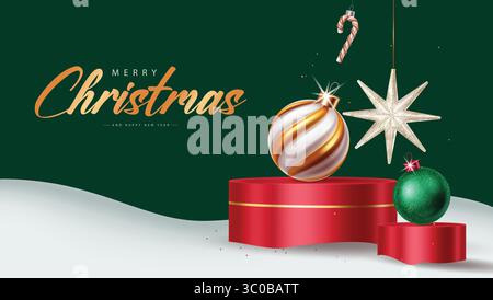 Design natalizio minimalista con baubles oro e verdi, stella scintillante e podio rosso sulle colline innevate, perfetto per le promozioni natalizie, Chri Illustrazione Vettoriale