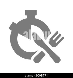 Orario e orario di ristorazione, orologio con forchetta e coltello. Programma dietetico, regime alimentare e icona del vettore di digiuno. Illustrazione Vettoriale
