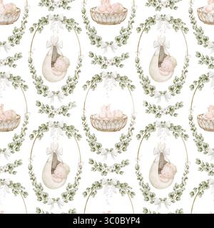 Motivo ad acquerello senza cuciture con neonati addormentati in fagiolini, ondulati in corone a nastro e circondati da foglie di eucalipto. Illustrazione sfondo pf con carta da imballaggio infantile nella culla. Foto Stock