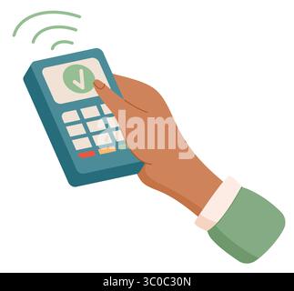 Mano che tiene in mano l'adesivo del terminale di pagamento Illustrazione Vettoriale