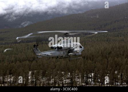 1 novembre 2018 - Oppdal, Norvegia - Un elicottero d'attacco AH-1W Super Cobra del corpo dei Marines degli Stati Uniti vola sopra la foresta innevata durante l'esercitazione Trident giuntura 18 novembre 1, 2018 a Oppdal, Norvegia. L'esercitazione multinazionale è la più grande esercitazione NATO dal 2015, e comprende più di 50.000 membri militari provenienti da 31 paesi. (Immagine di credito: © Jessica Etheridge tramite filo ZUMA) Foto Stock