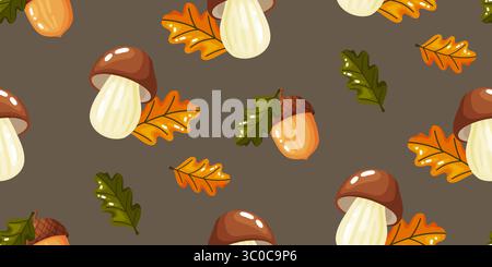 Motivo autunnale senza cuciture con funghi marroni ghiande dorate e foglie sparse di arancio e quercia verde. Questo design cattura la natura e il foraggio dei boschi Illustrazione Vettoriale