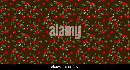 Motivo senza cuciture con frutti di bosco rossi profondi e foglie verdi ricche su sfondo marrone scuro. Questo caldo design natalizio è perfetto per le vacanze estive Illustrazione Vettoriale