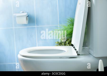 Dettaglio del lato di una ciotola bianca pulita con il coperchio aperto in un bagno con piante, accessori e piastrelle blu. Foto Stock