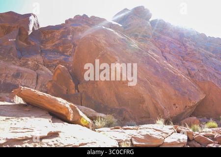 Incisioni rupestri scavate appena sotto il pannello pittografico Courthouse Wash, situato nel Parco Nazionale di Arches e affacciato sul fiume Colorado appena fuori Mo Foto Stock