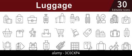 Set di icone della linea modificabile per le applicazioni di viaggio, bagaglio, valigia e turismo Illustrazione Vettoriale