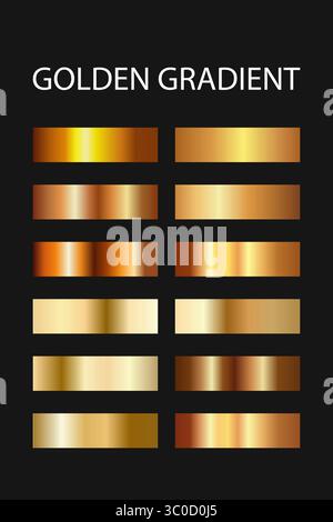 Set di forti sfumature dorate con riflessi metallici e tonalità calde, ideali per sfondi, imballaggi ed elementi di design. Illustrazione Vettoriale