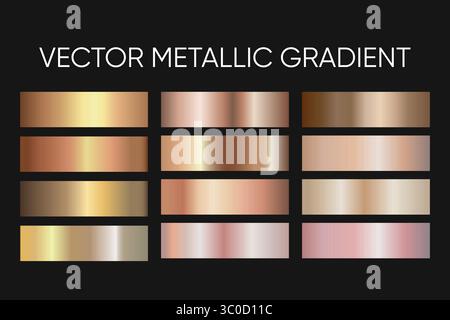 Confezione di sfumature metalliche vettoriali in eleganti tonalità oro, rosa, bronzo e champagne, perfette per il branding e la grafica di lusso. Illustrazione Vettoriale