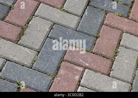 Una vista dettagliata delle pietre di pavimentazione multicolore disposte a spina di pesce, con erba che cresce tra le articolazioni, evidenziando la pavimentazione esterna Foto Stock