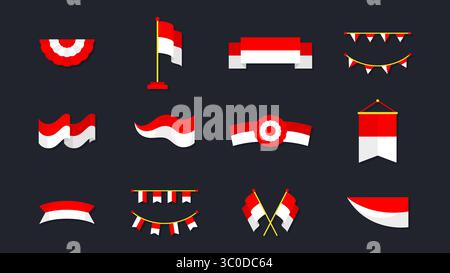 Set di elementi bandiera indonesiani con design piatto su sfondo scuro. Set da collezione di clip per bandiera indonesiana rossa e bianca Illustrazione Vettoriale