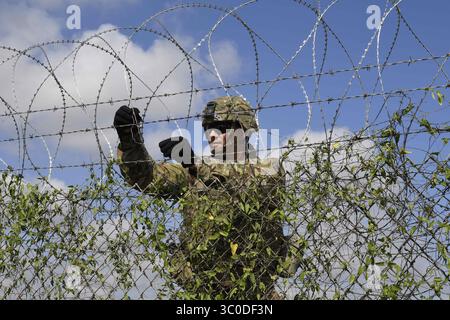 6 novembre 2018 - donna, TX, Stati Uniti d'America - soldati dell'esercito statunitense della 541st Sapper Company, installano filo a concertina lungo il confine con il Messico presso il ponte internazionale donna Rio Bravo 6 novembre 2018 donna, Texas. Le truppe si stanno schierando al confine tra Stati Uniti e Messico per ordine del presidente Donald Trump per intercettare la carovana migrante honduregno. (Immagine di credito: © Daniel A. Hernandez via ZUMA Wire) Foto Stock