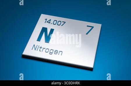 Azoto, elemento tavola periodica. Azoto, elemento tavola periodica. Scienza, metallo, elemento chimico, struttura, peso atomico, numero atomico. Illustrazione 3D science027s Periodic Table Element Nitrom Foto Stock