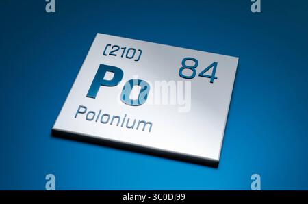 Polonio, elemento tavola periodica. Polonio, elemento tavola periodica. Scienza, metallo, elemento chimico, struttura, peso atomico, numero atomico. Illustrazione 3D science027s Periodic Table Element polonio Foto Stock