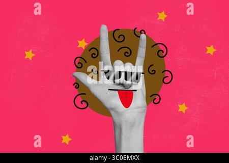 Il collage di immagini pop 3d composite di Hand mostra gesti rock roll emozioni con la lingua degli occhiali da sole sorridono la comunicazione non verbale Foto Stock