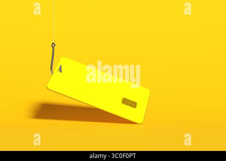 Carta di credito appesa a un gancio di phishing su sfondo giallo che rappresenta una trappola per la spesa, il furto di dati o la sicurezza informatica. Foto Stock