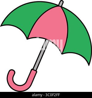 Una vivace illustrazione grafica di un ombrello, con una giocosa combinazione di colori verde e rosa. Illustrazione Vettoriale
