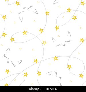 Facce di gatto sonnolente con motivo vettoriale senza cuciture e luci natalizie aggrovigliate, perfette per bambini e bambine. Illustrazione vettoriale Illustrazione Vettoriale